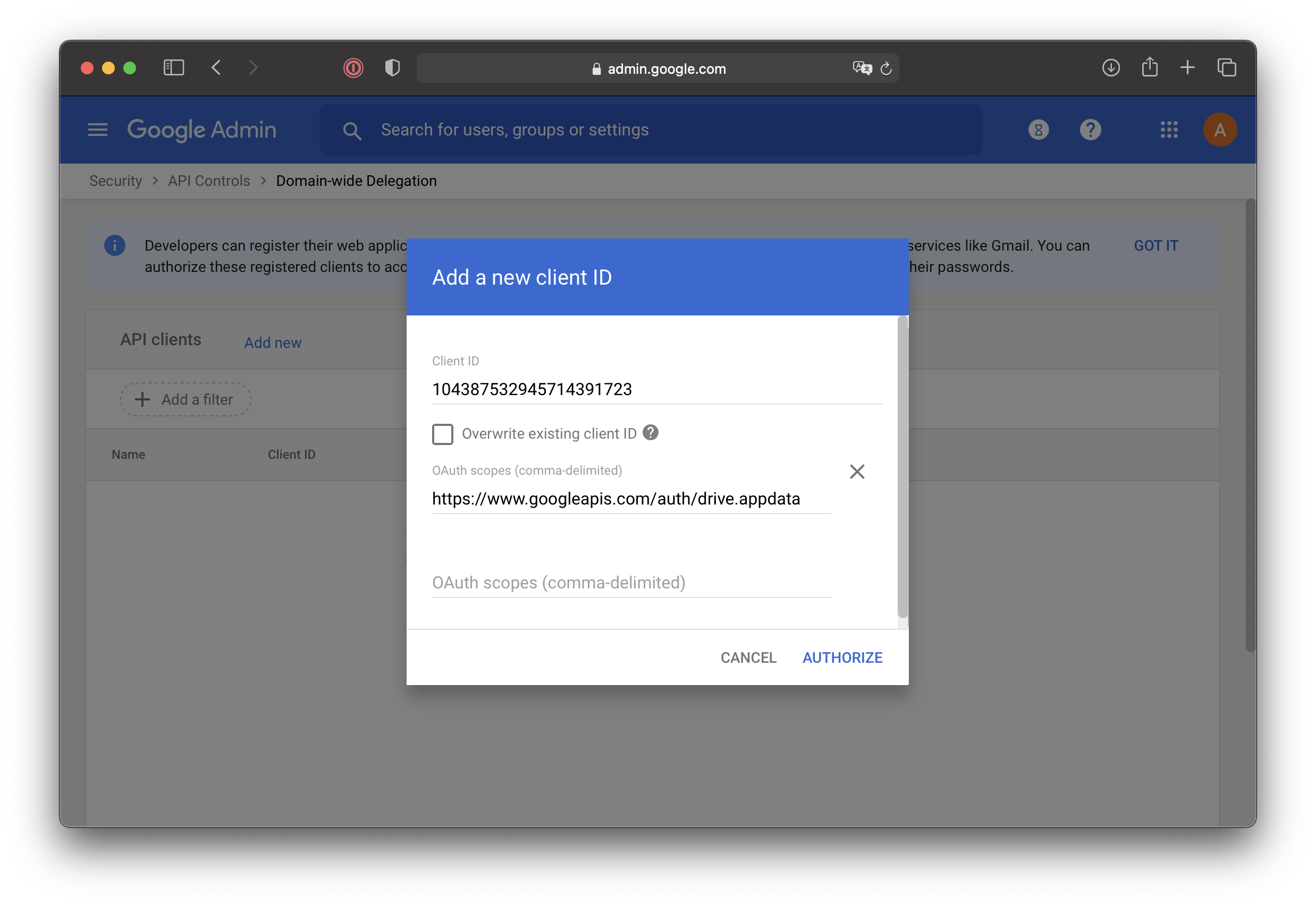 Domain wide delegation: add ID