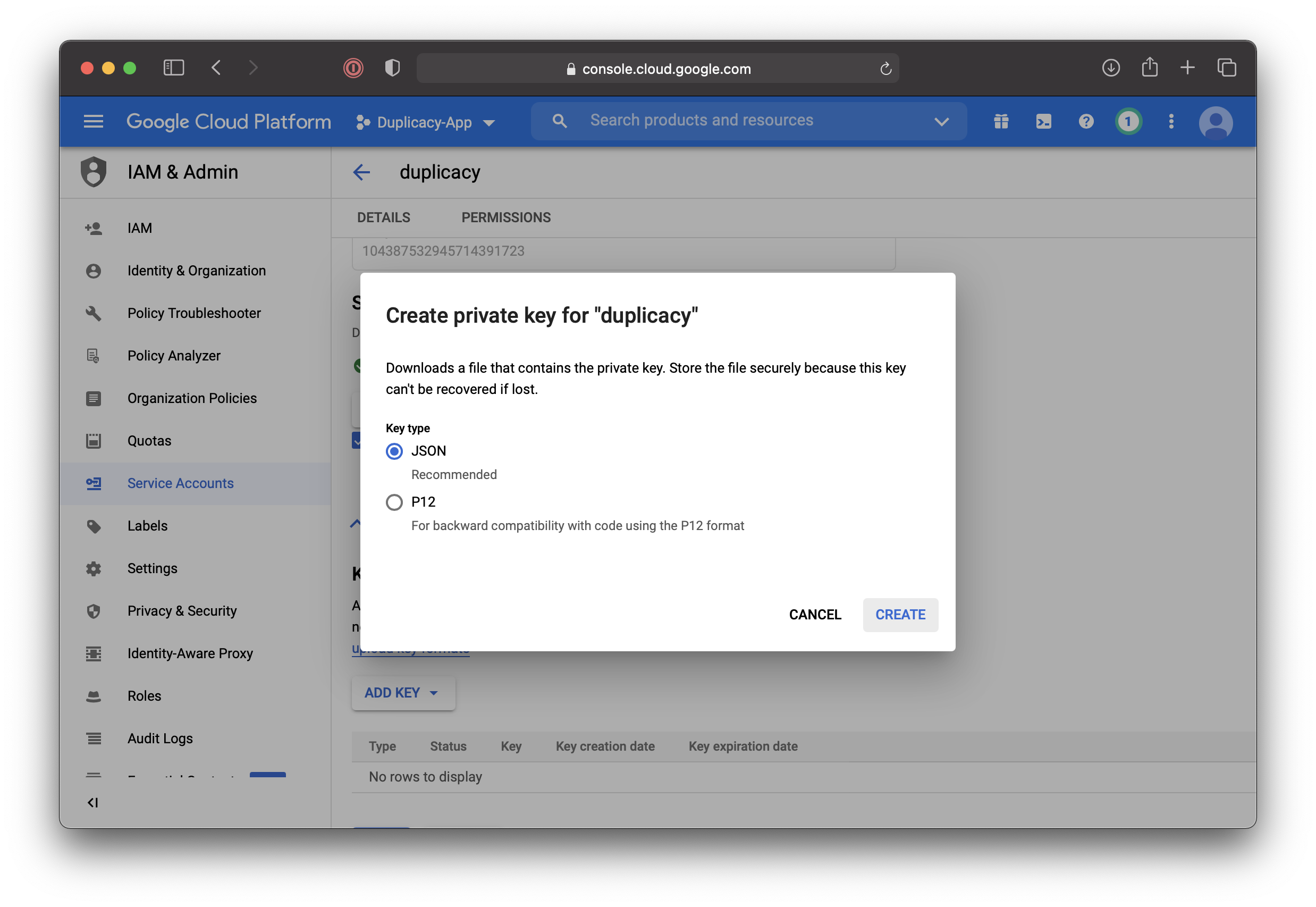 Service Account Keys json