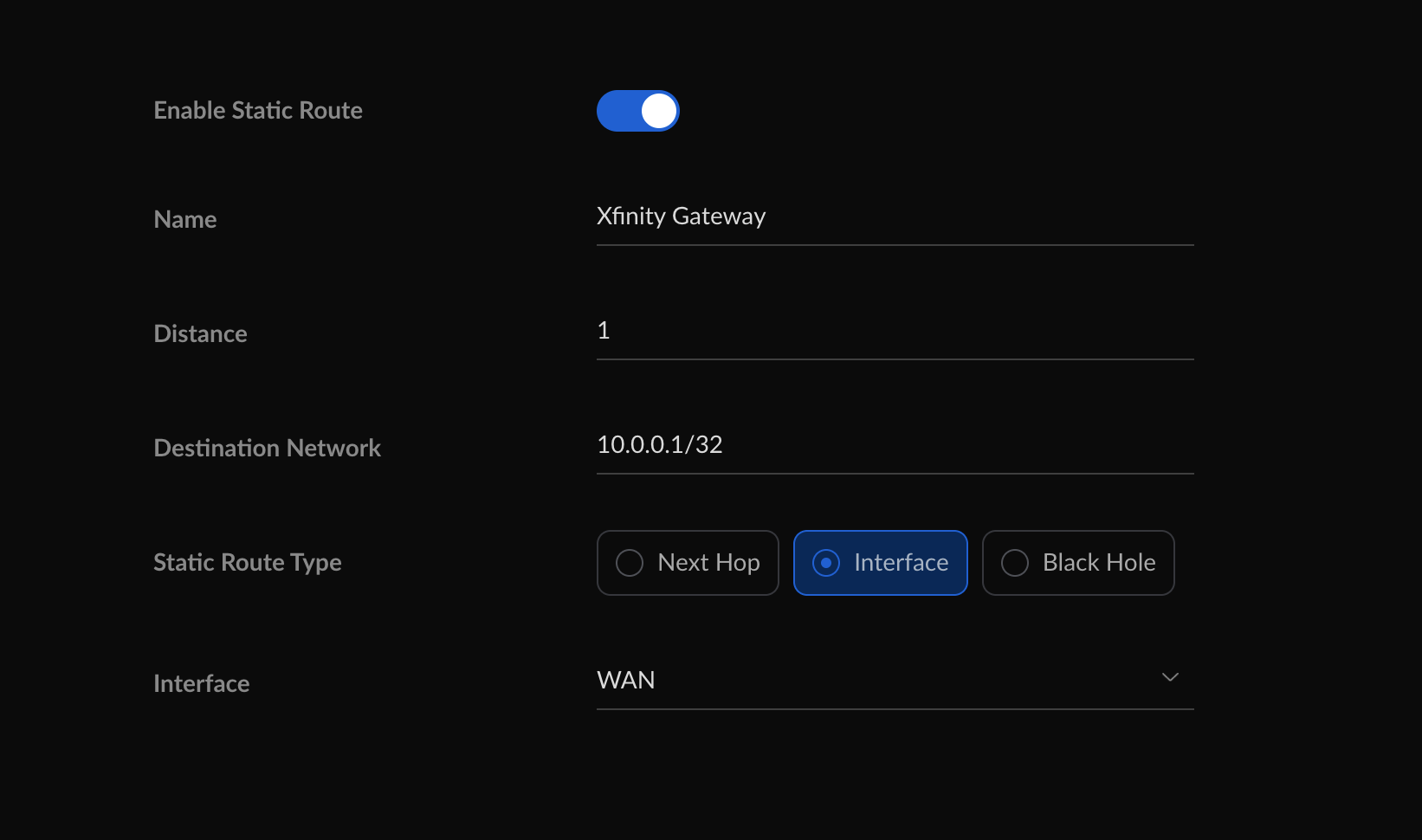 Static route configuration
